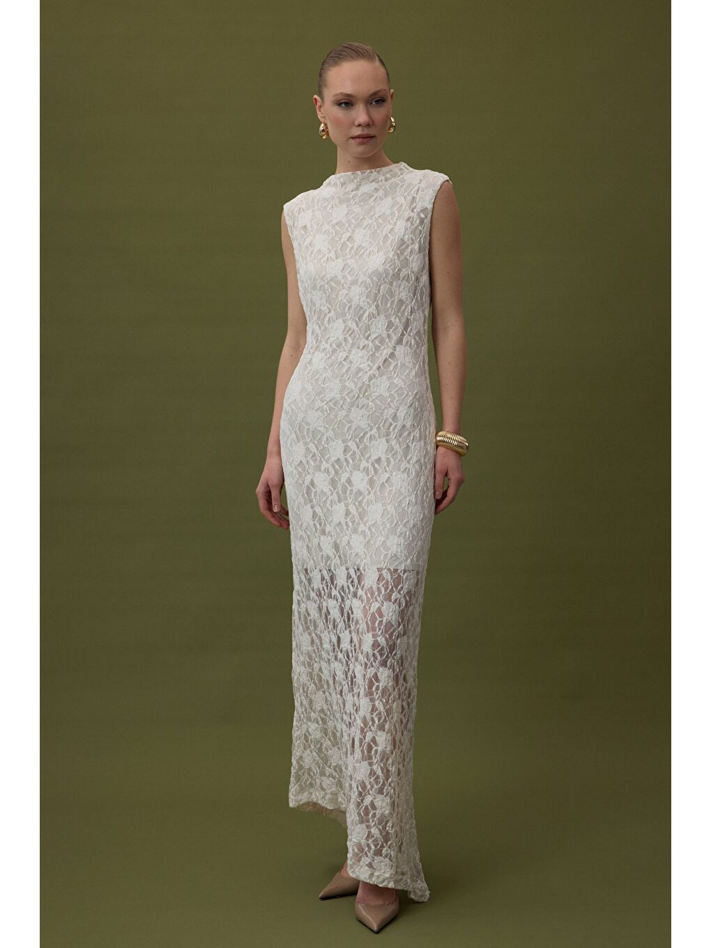 Dantel Kolsuz Elbise - Bej-4