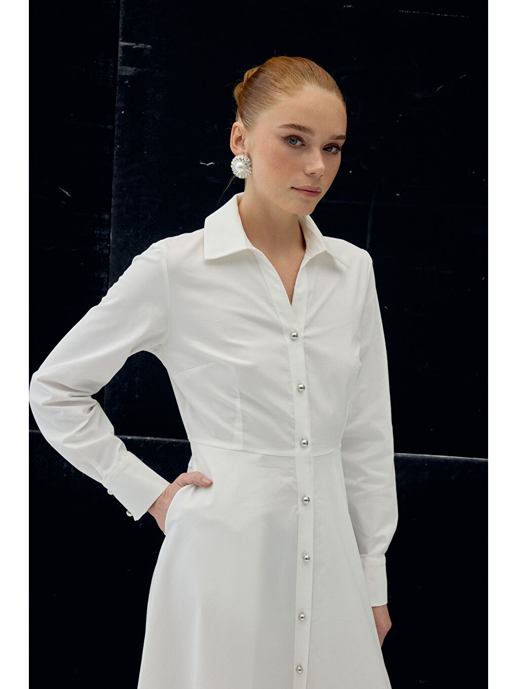 Uzun Düğme Detaylı Elbise - Ekru-5