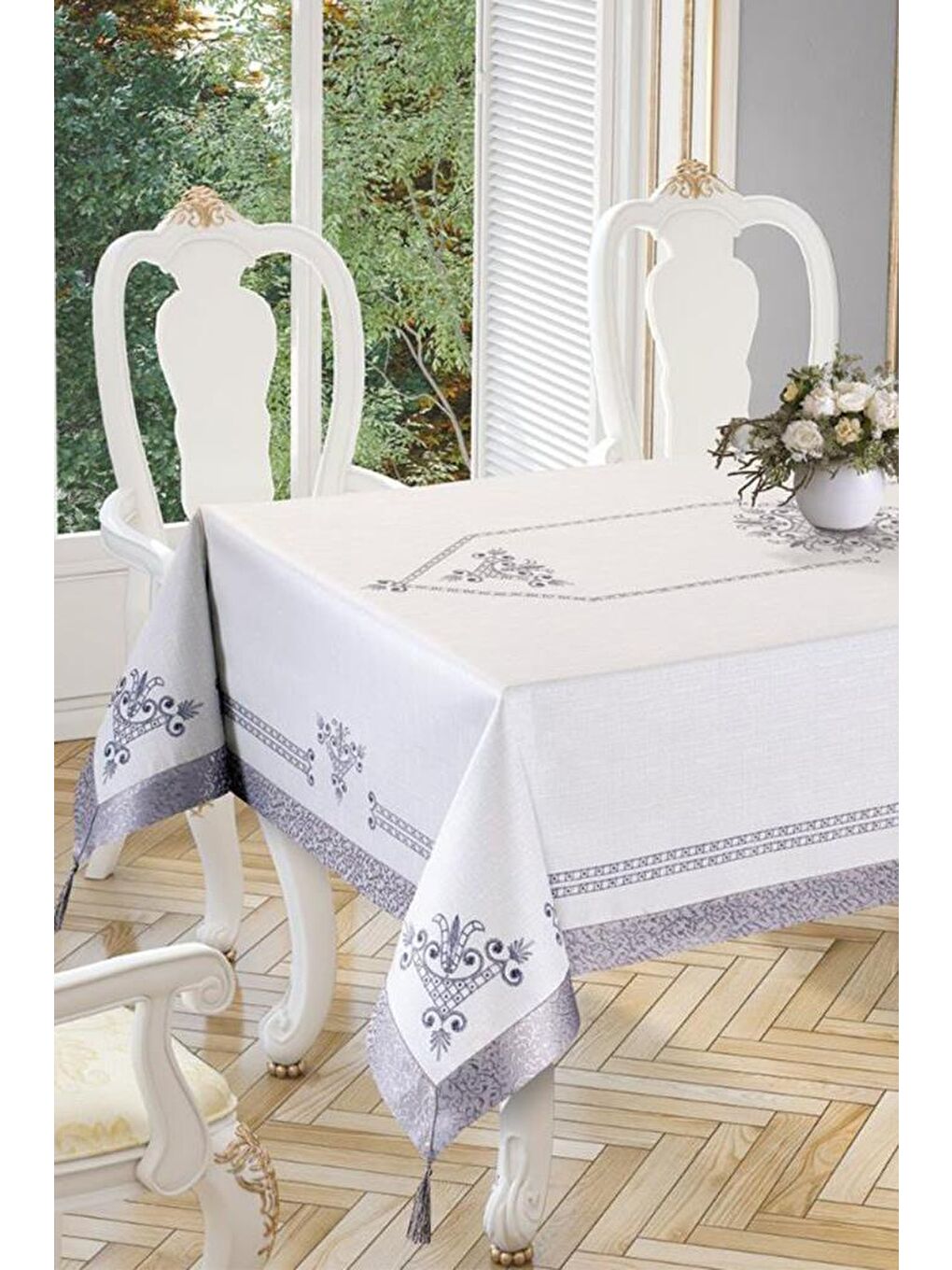 Gri Lale Baskılı Dikdörtgen Masa Örtüsü Silver-3