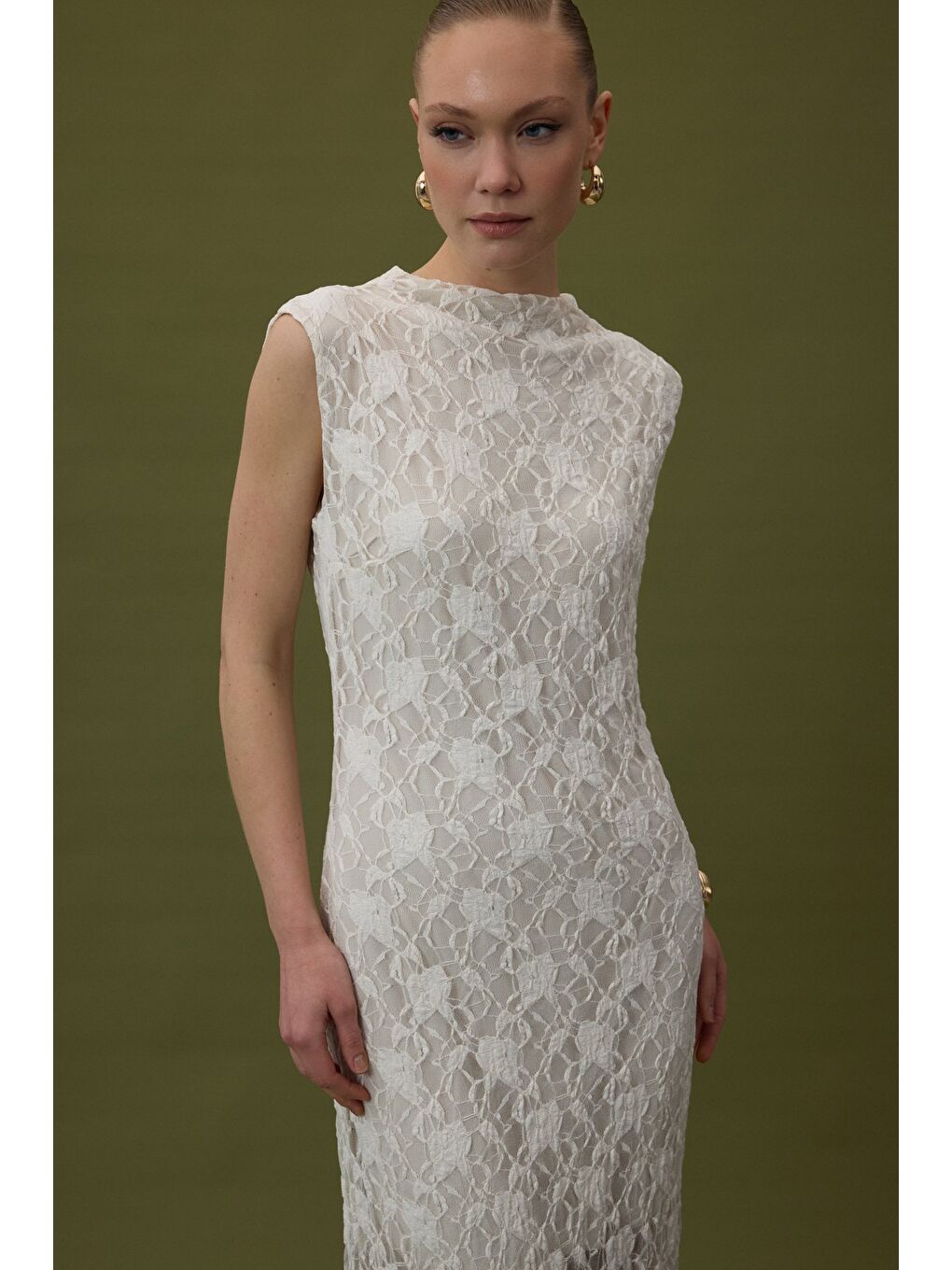 Dantel Kolsuz Elbise - Bej-5