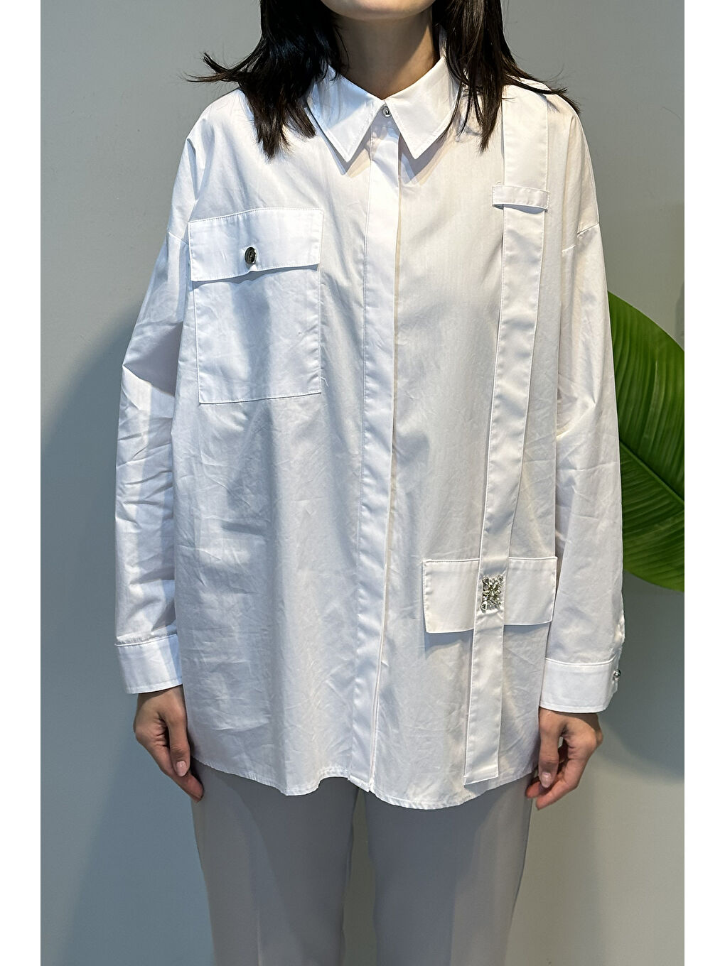 Sol Tarafı Askı Detaylı Paper Touch Gömlek 153 Beyaz-1