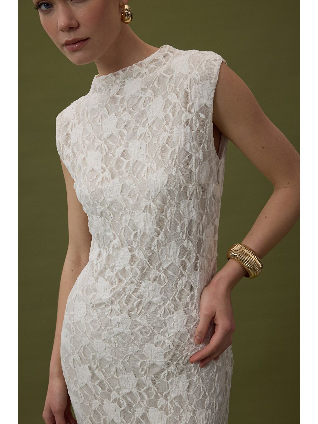 Dantel Kolsuz Elbise - Bej-6