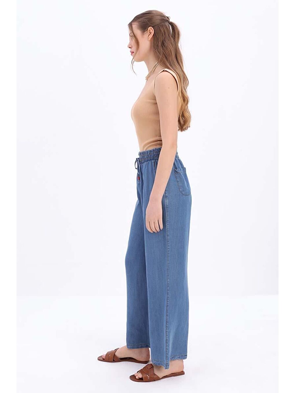 Mavi-Beli Lastikli Denim Pantolon-2