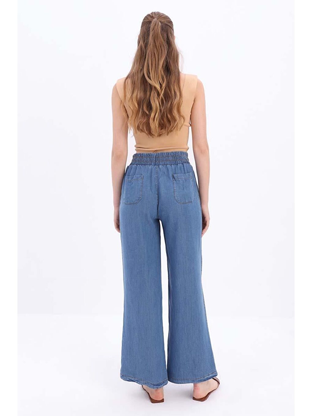 Mavi-Beli Lastikli Denim Pantolon-3