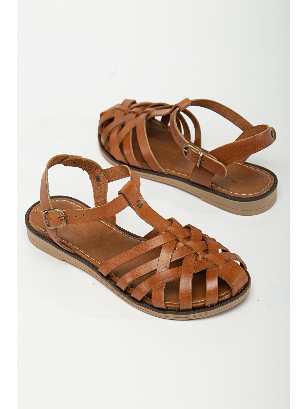 Kahverengi D002 Kadın Hakiki Deri Sandalet-3
