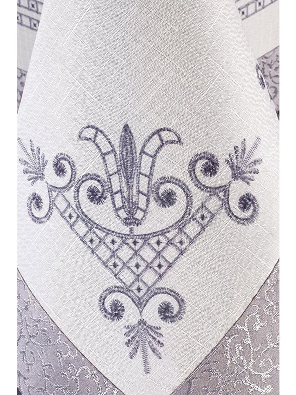 Gri Lale Baskılı Dikdörtgen Masa Örtüsü Silver-5