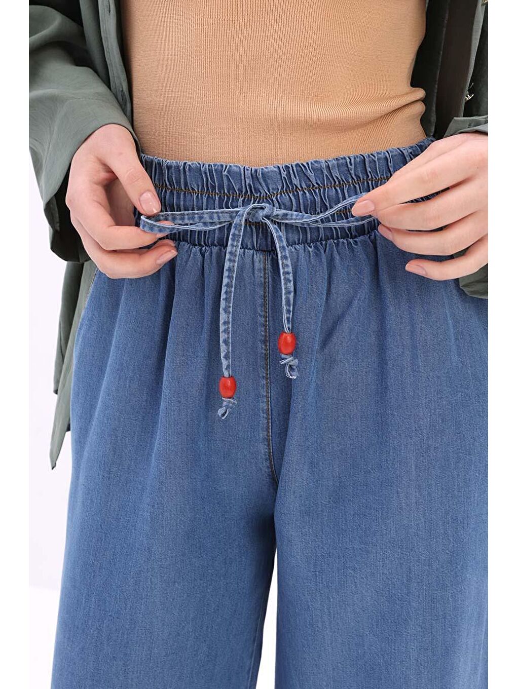 Mavi-Beli Lastikli Denim Pantolon-4