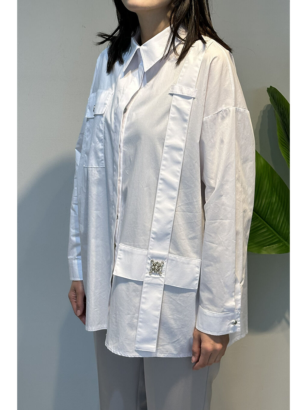 Sol Tarafı Askı Detaylı Paper Touch Gömlek 153 Beyaz-2