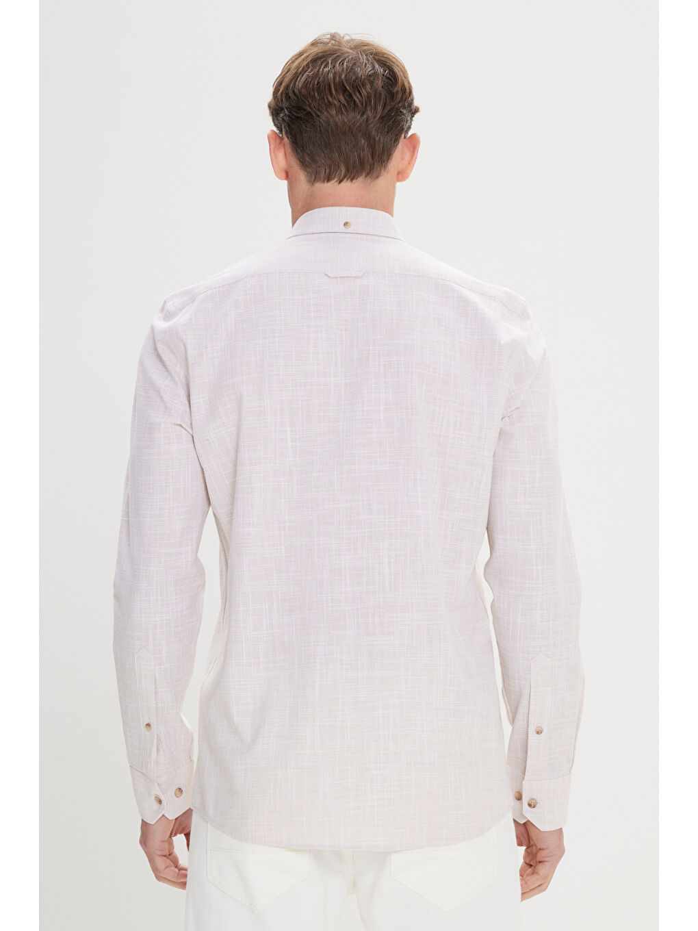 Erkek Bej Slim Fit Dar Kesim Düğmeli Yaka Keten Görünümlü %100 Pamuk Flamlı Gömlek-4