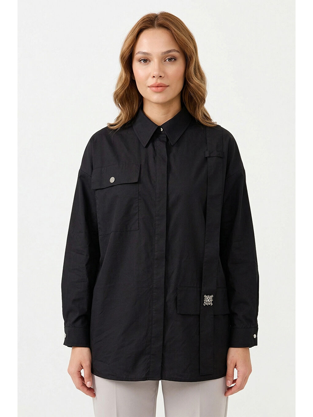 Sol Tarafı Askı Detaylı Paper Touch Gömlek 153 Siyah