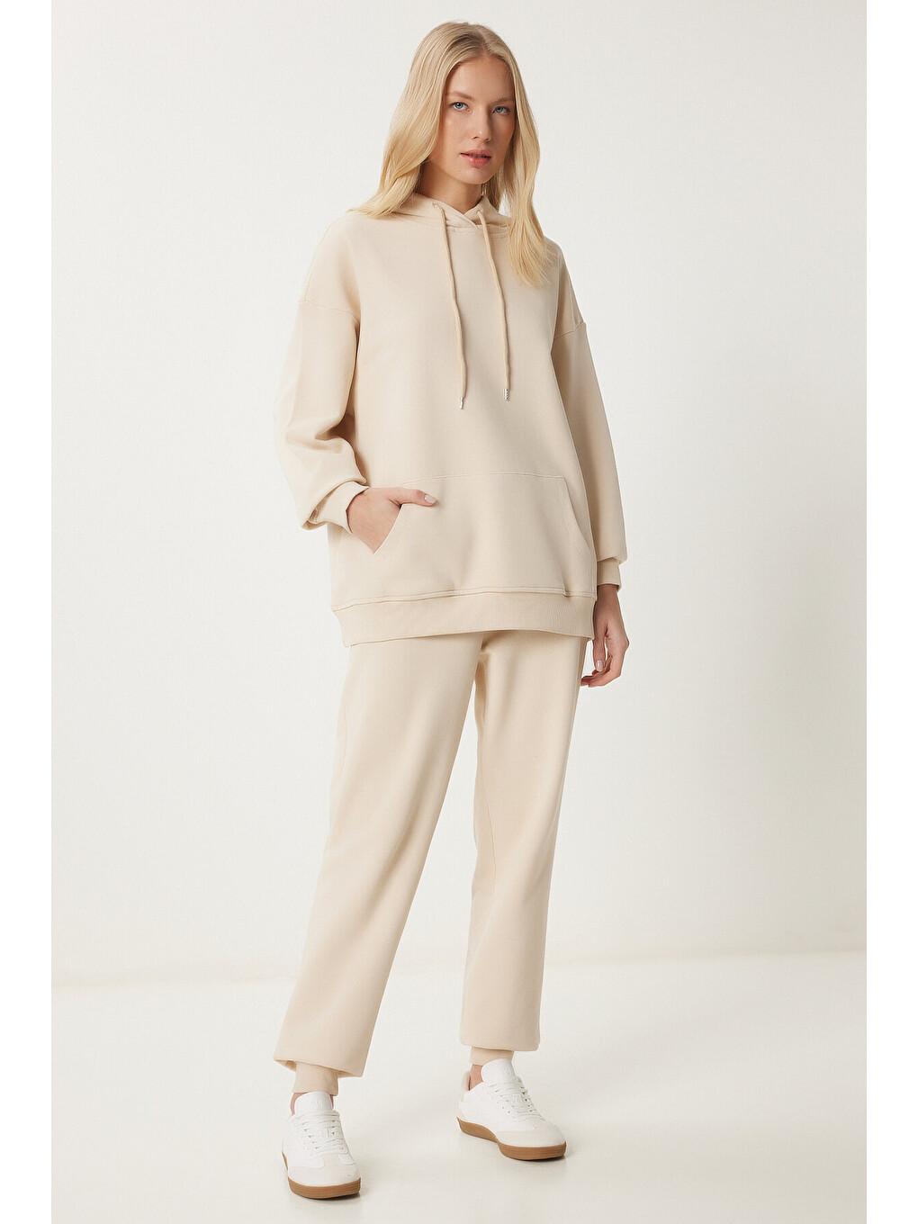 Ekru Kapüşonlu Sweatshirt Jogger Oversize Örme Eşofman Takımı Krem Lpys003-1