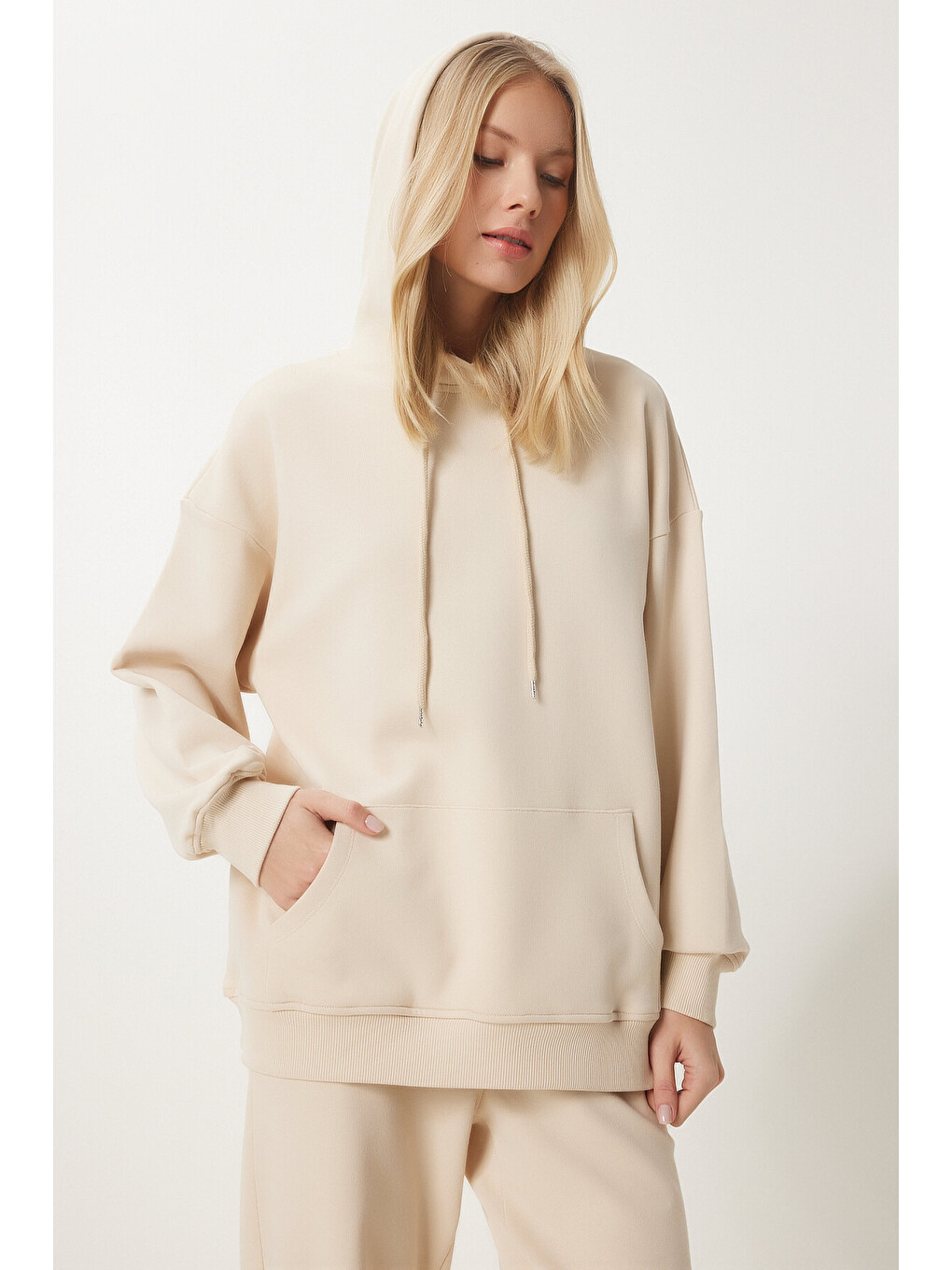 Ekru Kapüşonlu Sweatshirt Jogger Oversize Örme Eşofman Takımı Krem Lpys003-2