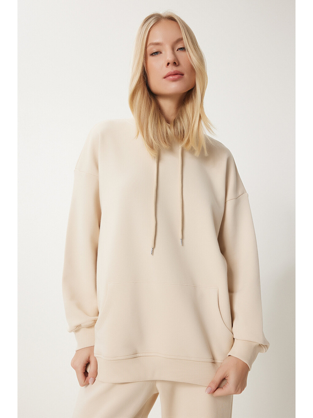 Ekru Kapüşonlu Sweatshirt Jogger Oversize Örme Eşofman Takımı Krem Lpys003-3
