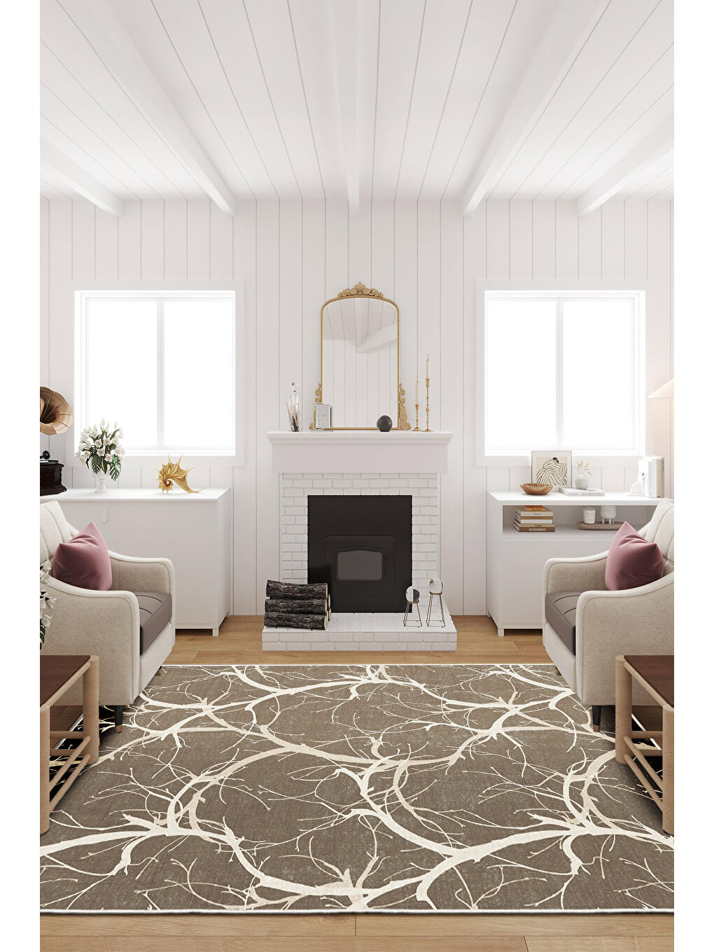 Kahverengi Dekoratif Özel Tasarım Yıkanabilir İnce Kaymaz Tabanlı Modern Halı KECE FR19-2