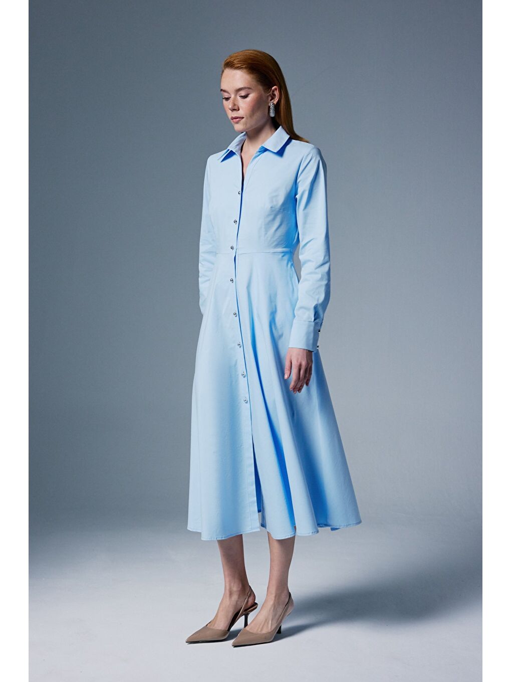 Uzun Düğme Detaylı Elbise - Mavi