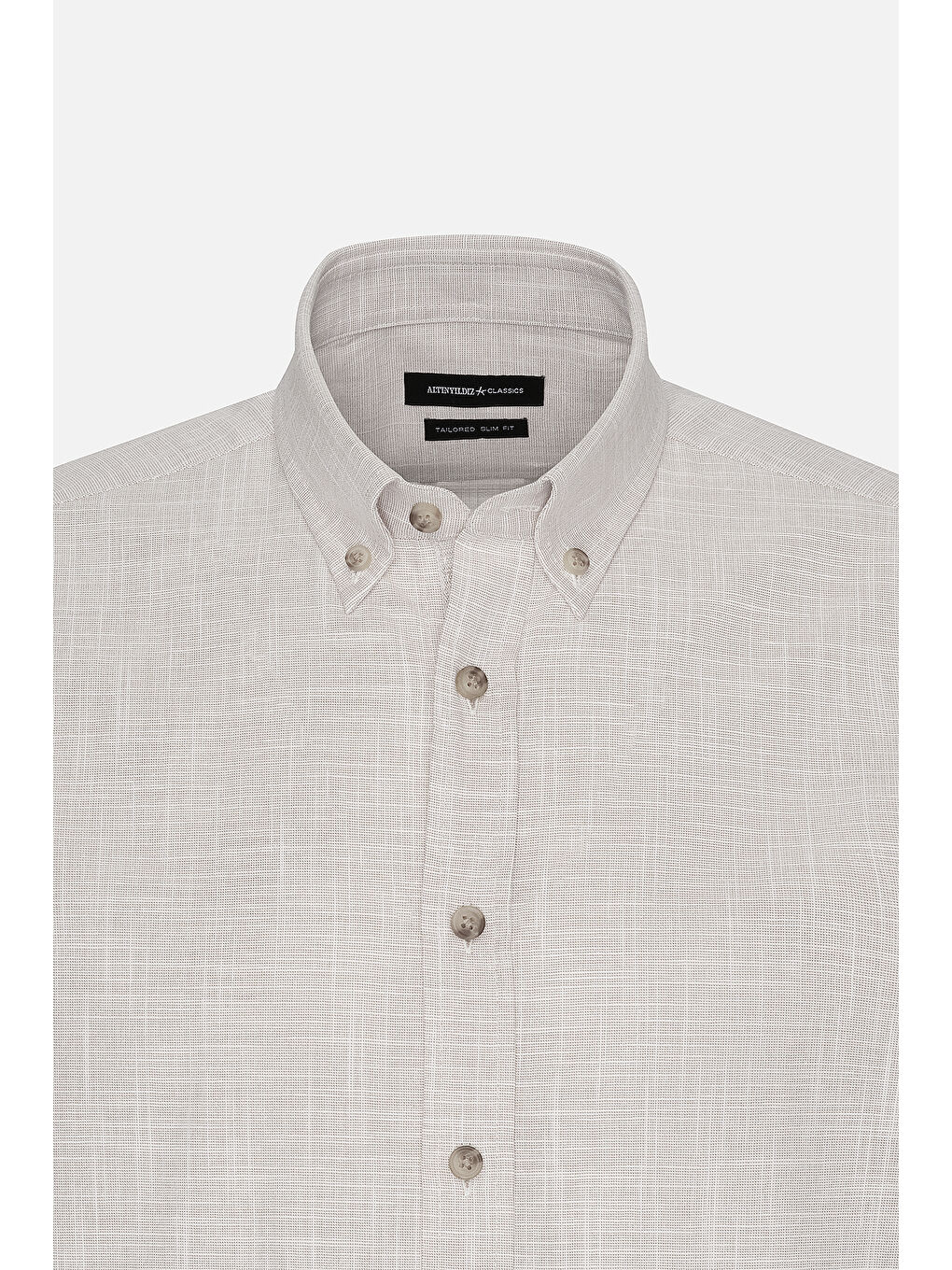 Erkek Bej Slim Fit Dar Kesim Düğmeli Yaka Keten Görünümlü %100 Pamuk Flamlı Gömlek-6