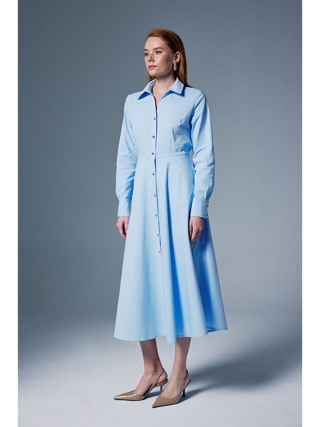 Uzun Düğme Detaylı Elbise - Mavi-1