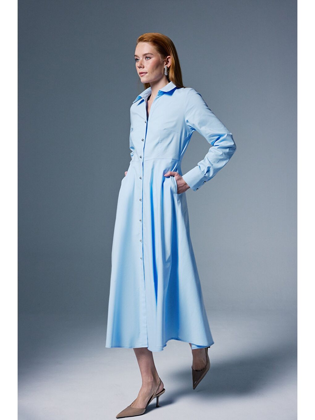 Uzun Düğme Detaylı Elbise - Mavi-2