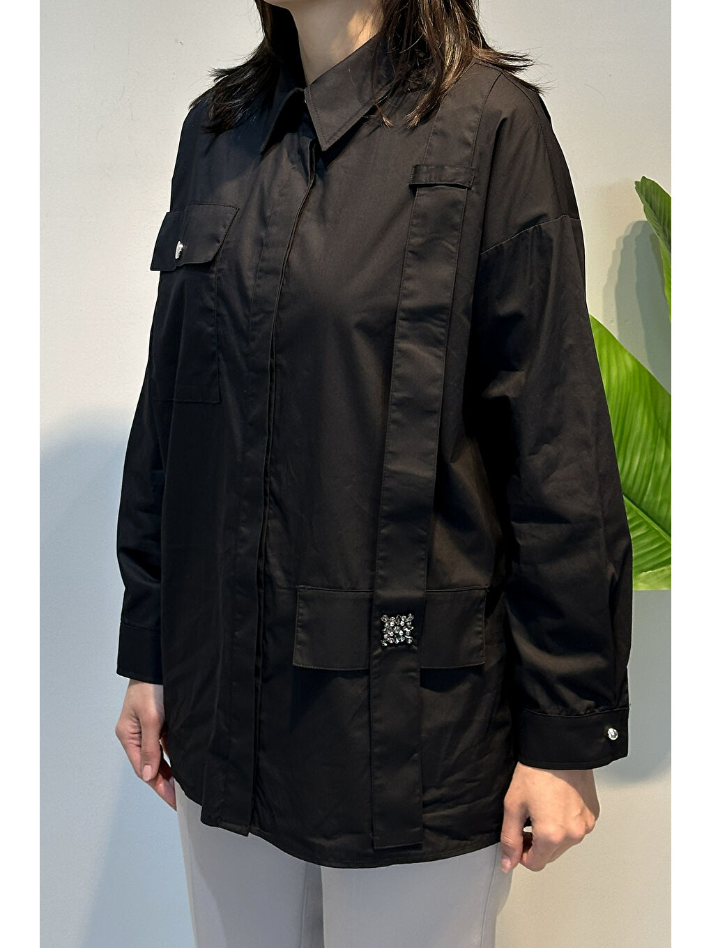 Sol Tarafı Askı Detaylı Paper Touch Gömlek 153 Siyah-1