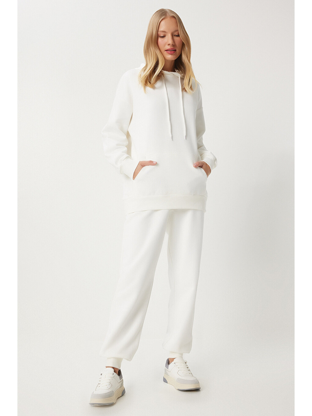 Kapüşonlu Sweatshirt Jogger Oversize Örme Eşofman Takımı Ekru Lpys003-1