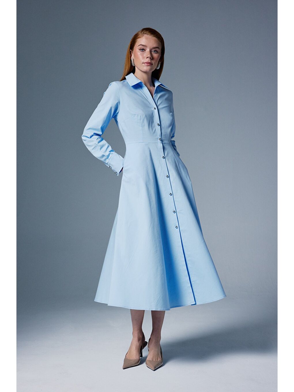 Uzun Düğme Detaylı Elbise - Mavi-3