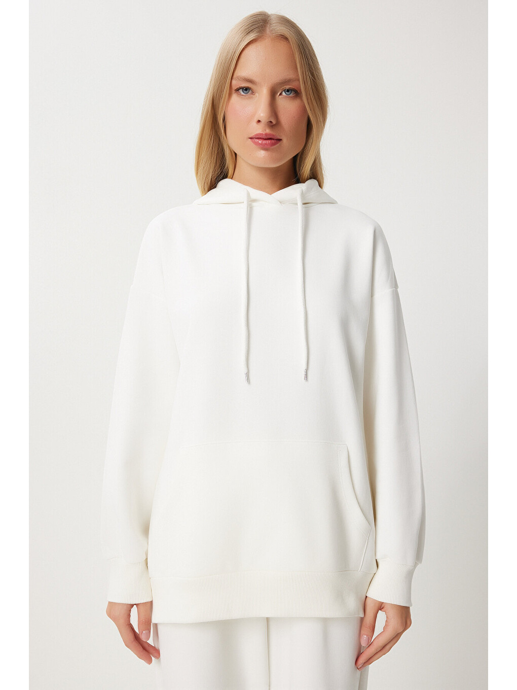Kapüşonlu Sweatshirt Jogger Oversize Örme Eşofman Takımı Ekru Lpys003-2