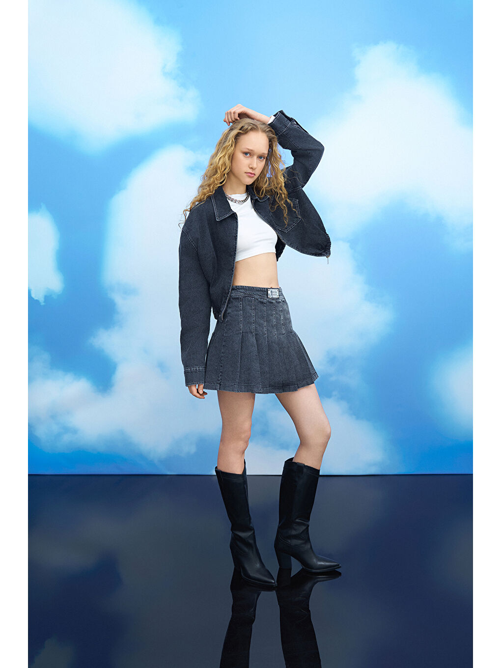 Beli Etiketli Pileli Jean Etek Antrasit