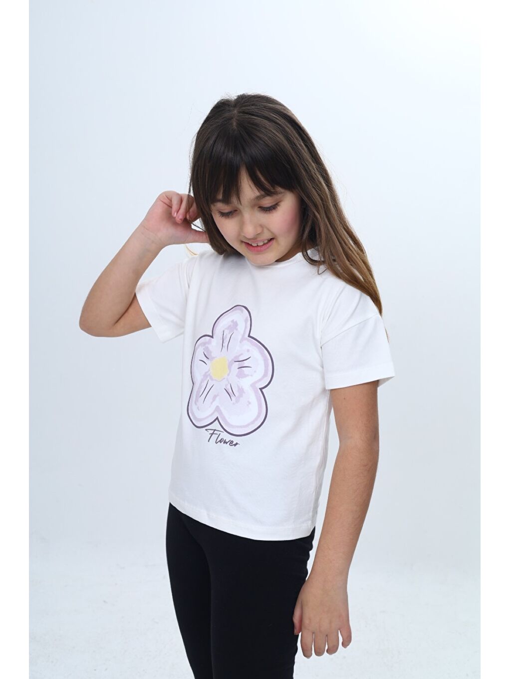 Ekru Kız Çocuk Baskılı Bisiklet Yaka Kısa Kollu Tişört 25006-1