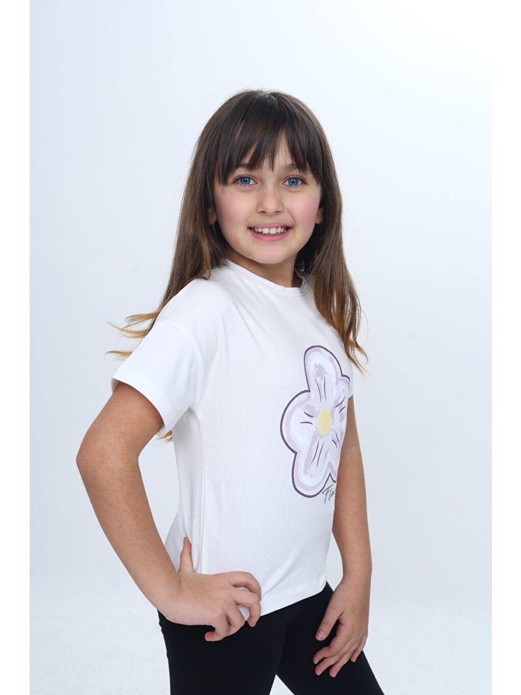 Ekru Kız Çocuk Baskılı Bisiklet Yaka Kısa Kollu Tişört 25006-2