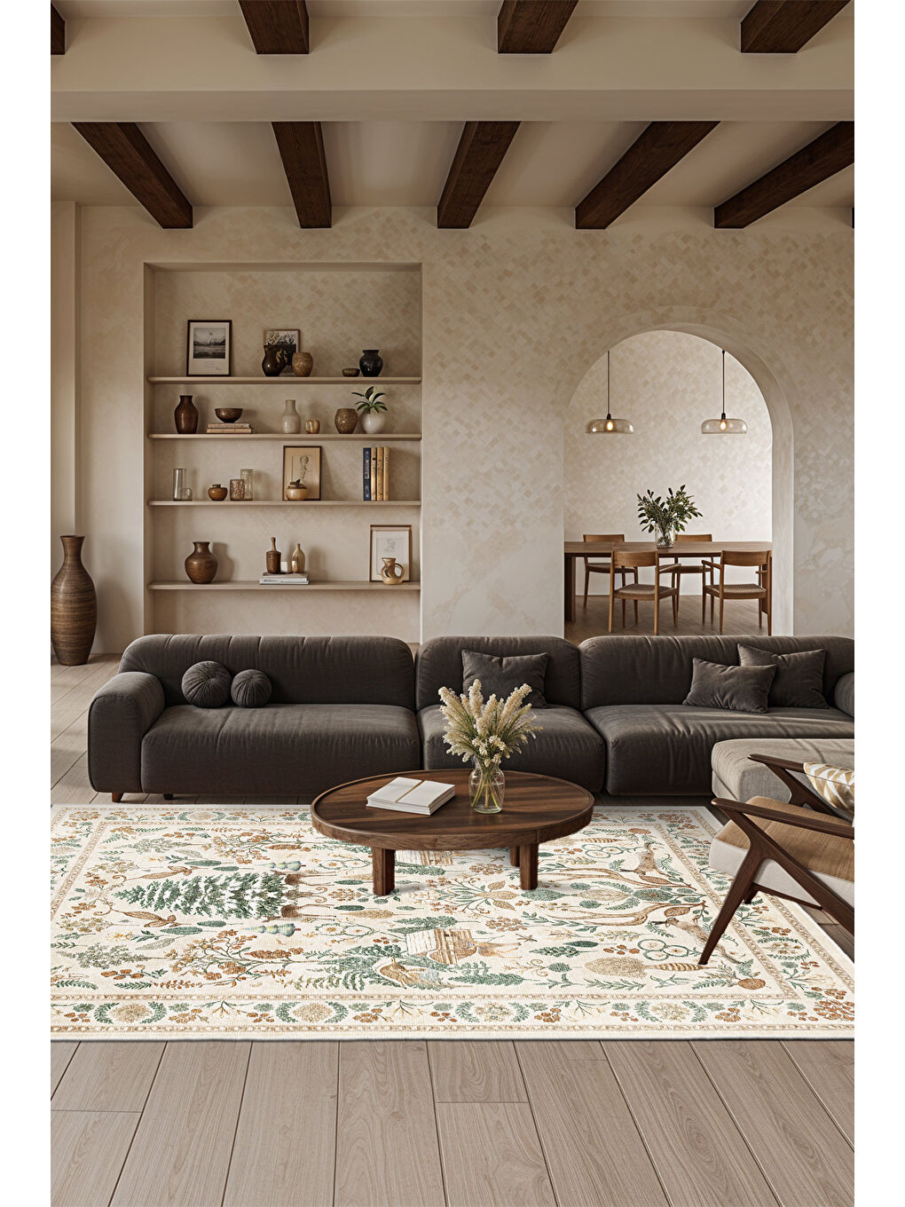 Bej Dekoratif Özel Tasarım Yıkanabilir İnce Kaymaz Tabanlı Modern Halı KECE FR25-2