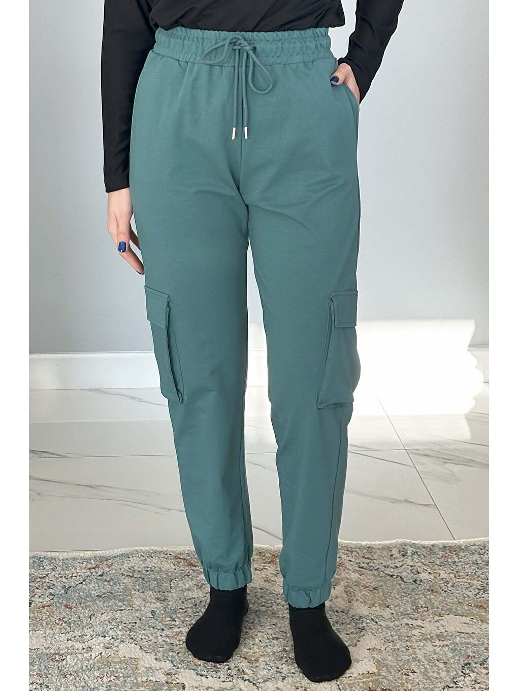 Yeşil Kadın Bel ve Paça Lastikli Kargo Cepli Eşofman Altı 7057 Mint