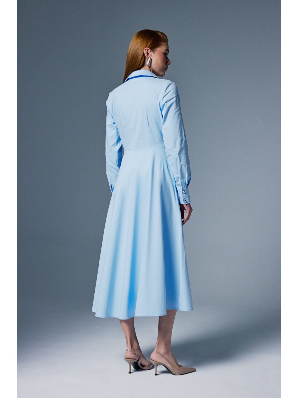 Uzun Düğme Detaylı Elbise - Mavi-7