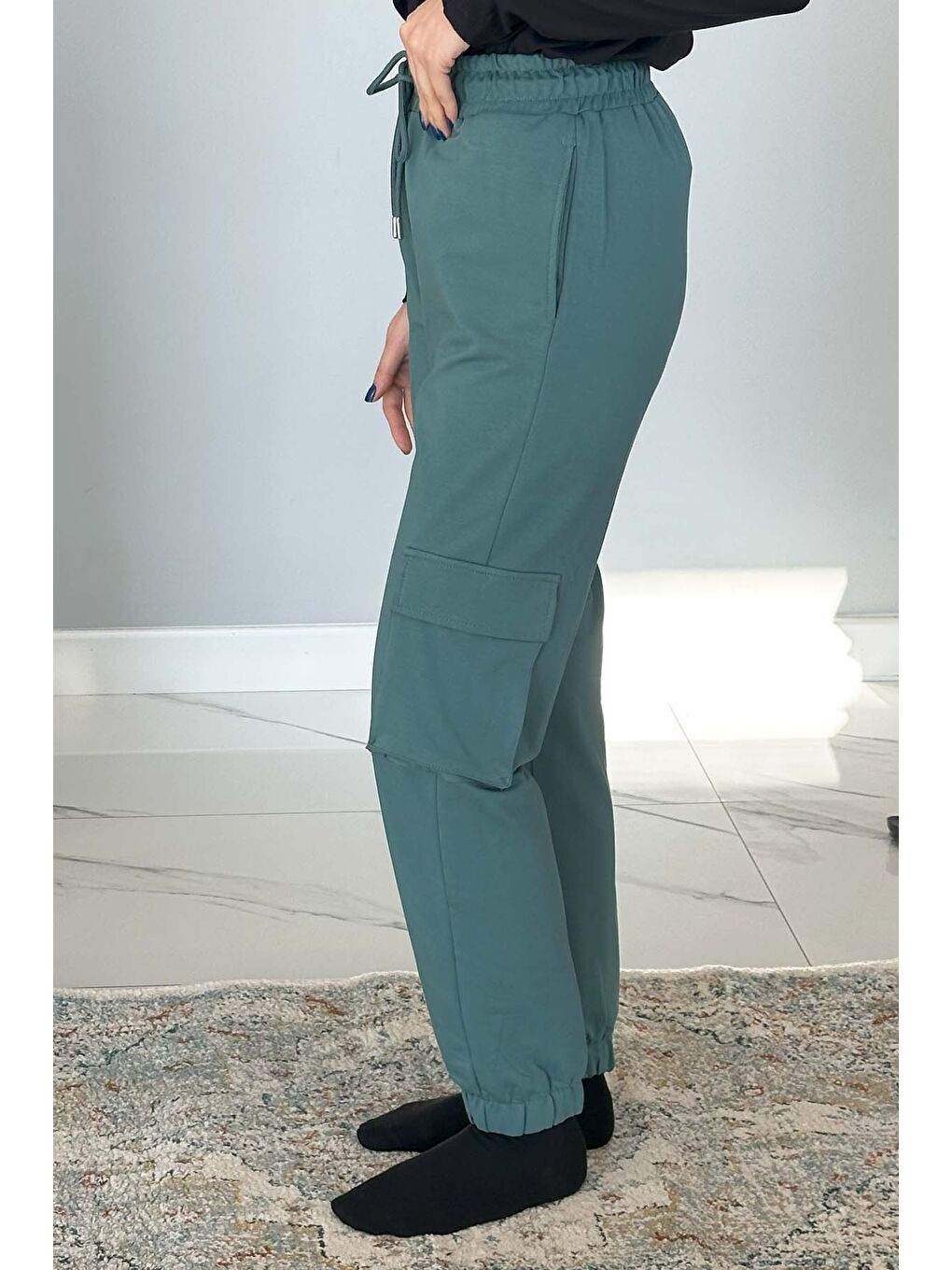 Yeşil Kadın Bel ve Paça Lastikli Kargo Cepli Eşofman Altı 7057 Mint-1