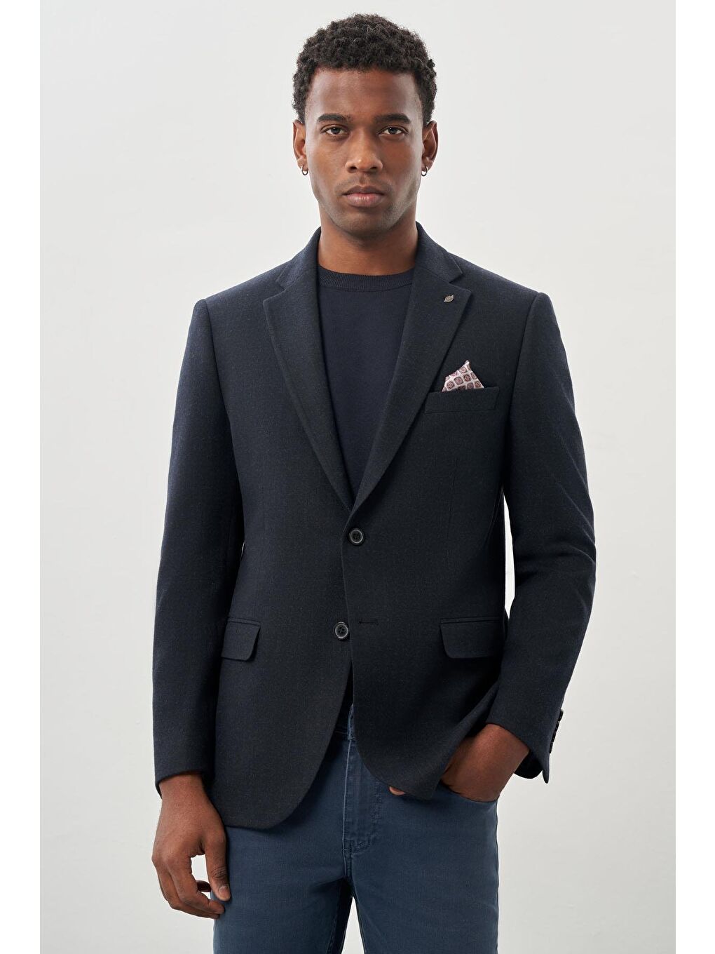 Koyu Lacivert Desenli Örme Mono Yaka Tam Astar Esnek 6 Drop Comfort Fit Casual Ceket 1002245164