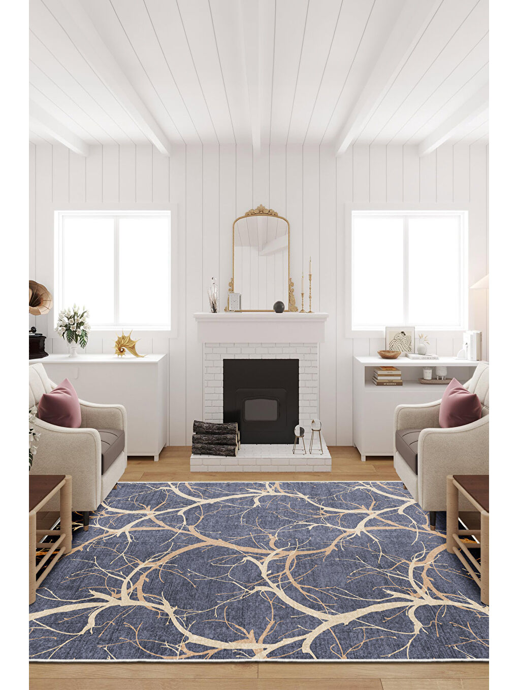 Mavi Dekoratif Özel Tasarım Yıkanabilir İnce Kaymaz Tabanlı Modern Halı KECE FR19-2