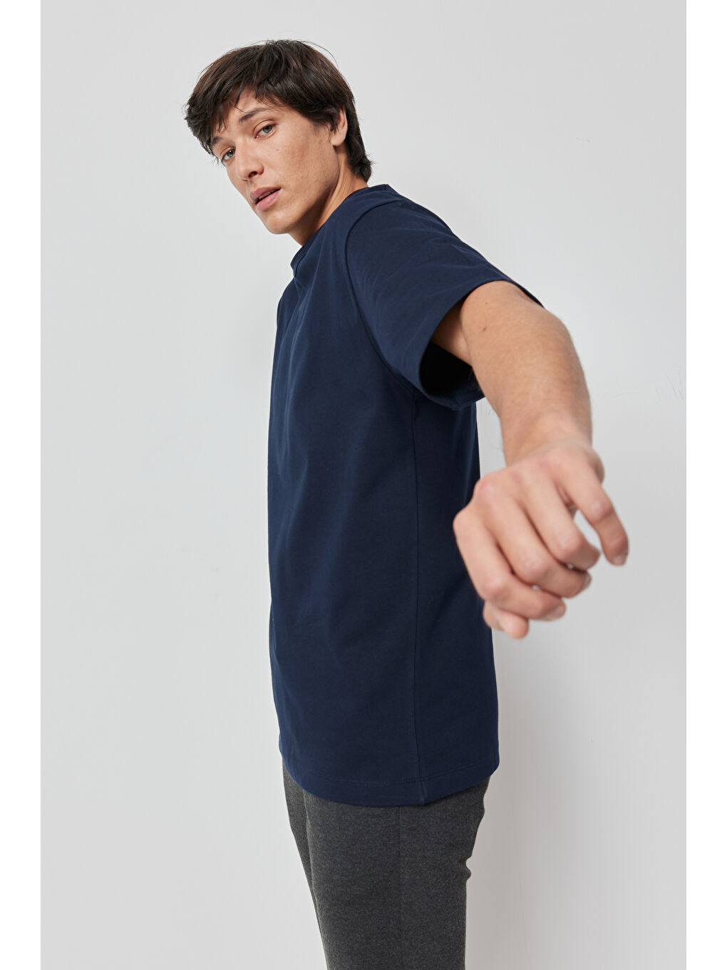 Erkek Lacivert Oversize Bol Kesim Bisiklet Yaka %100 Pamuk Kısa Kollu Tişört-3