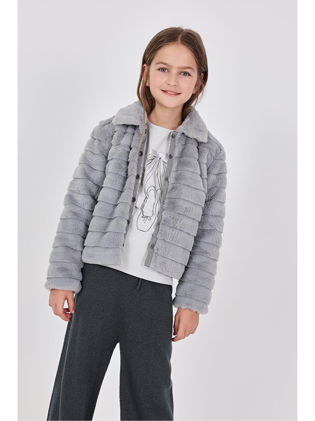 Gri Kız Çocuk Çizgili Welsoft Ceket-5