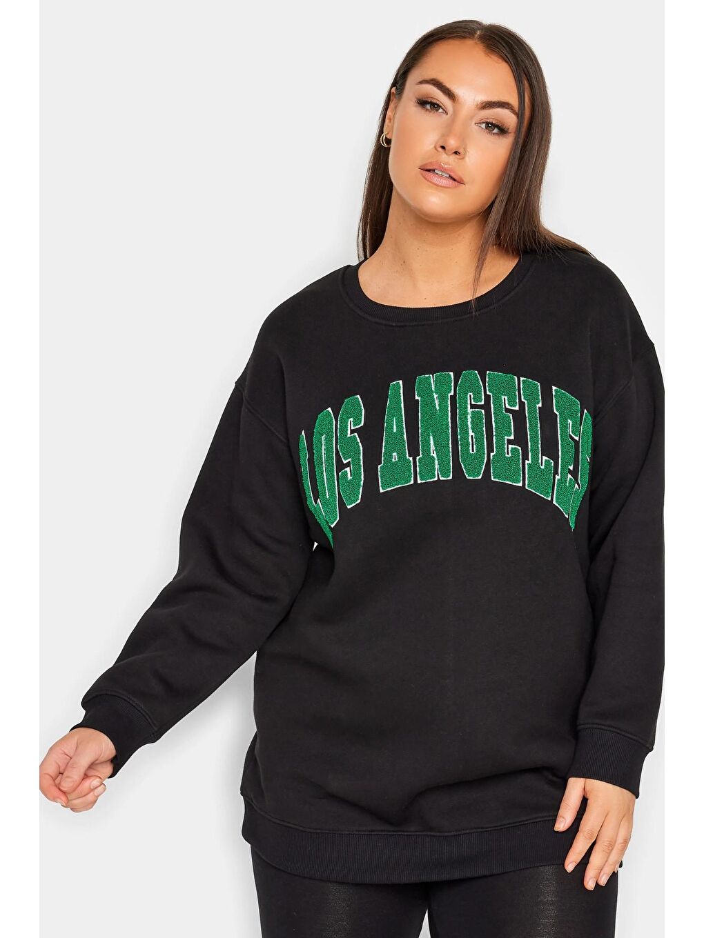 Siyah Büyük Beden Bisiklet Yaka Uzun Kollu Baskılı Sweatshirt 302685