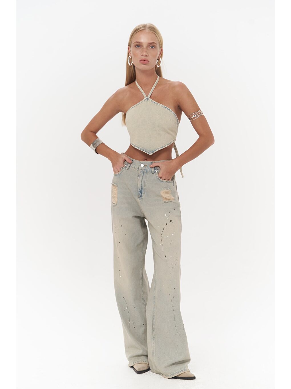 Mai Collection Yeşil Seday Kirli Yeşil Üçgen Jean Crop - 4