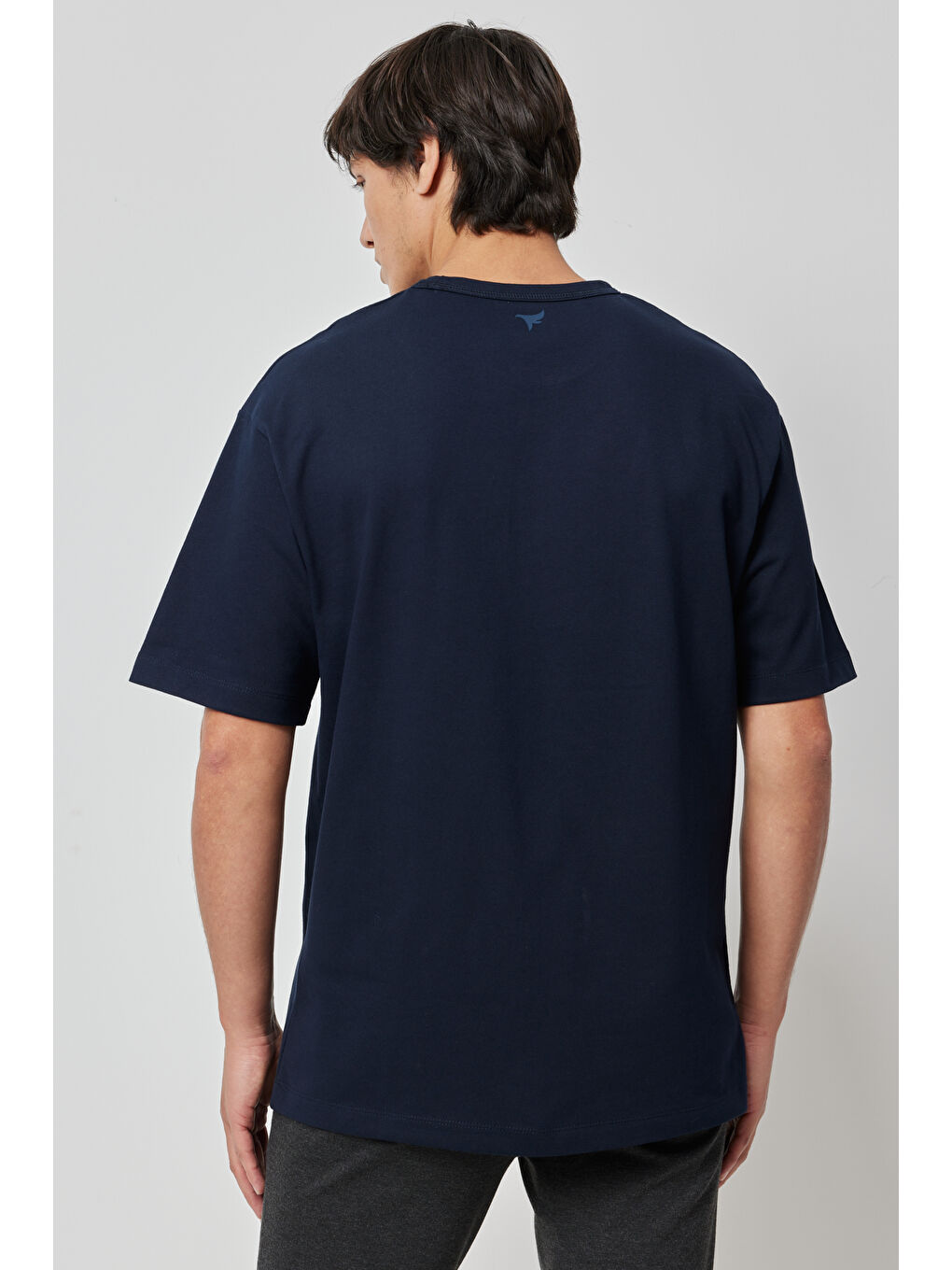 Erkek Lacivert Oversize Bol Kesim Bisiklet Yaka %100 Pamuk Kısa Kollu Tişört-6
