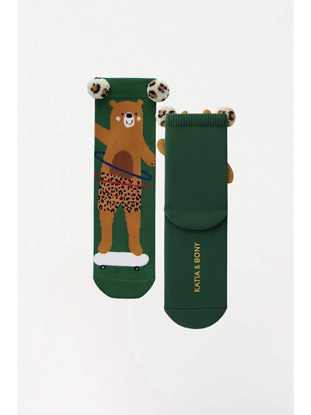 Çocuk Ayıcık Desenli Pon Pon Aksesuarlı Soket Çorap Koyu Yeşil