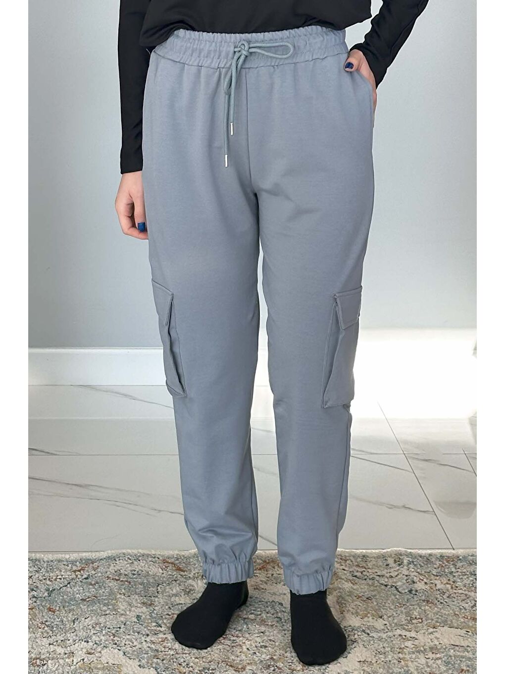 Kadın Bel ve Paça Lastikli Kargo Cepli Eşofman Altı 7057 Buz Mavi