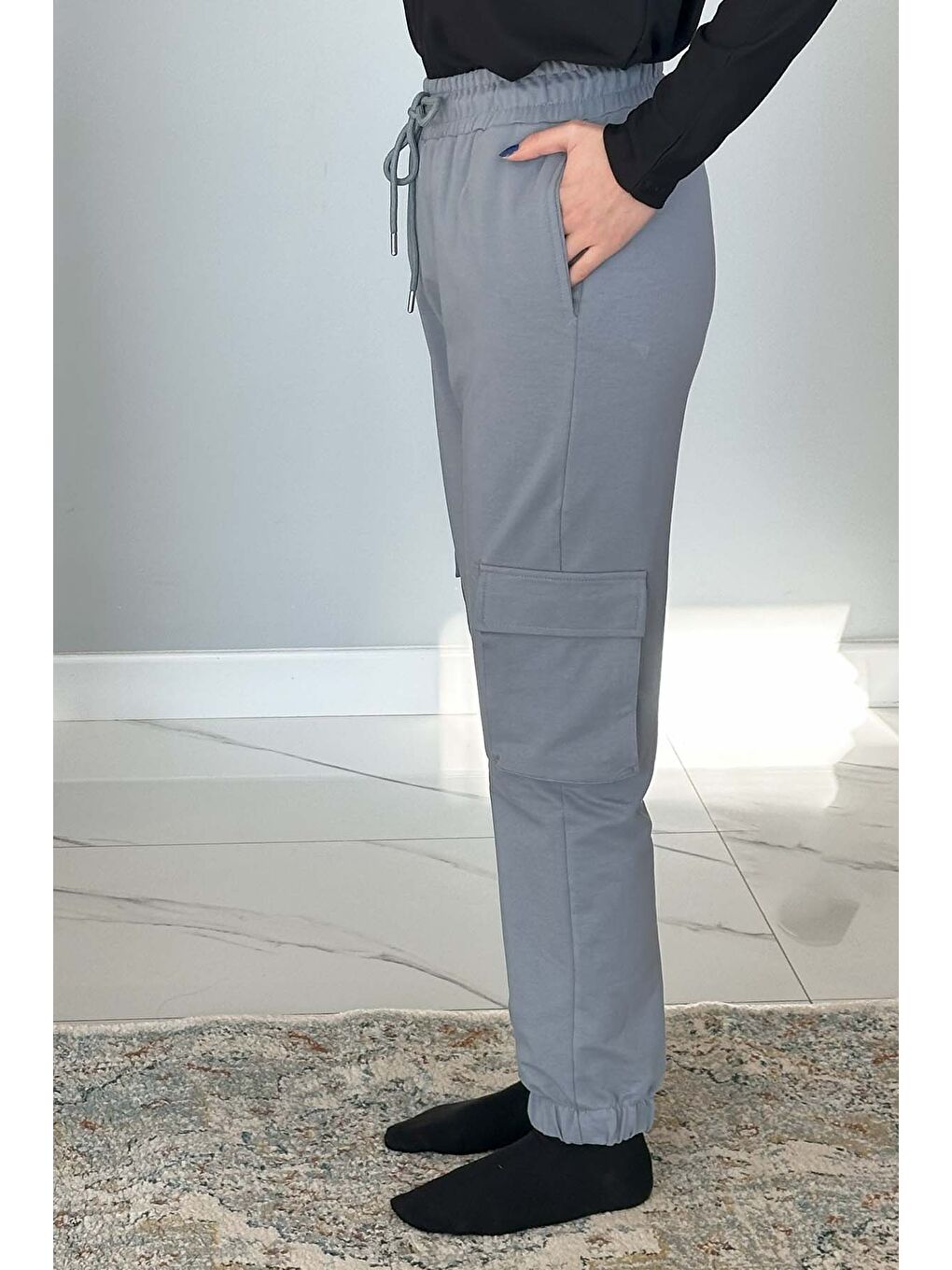 Kadın Bel ve Paça Lastikli Kargo Cepli Eşofman Altı 7057 Buz Mavi-1