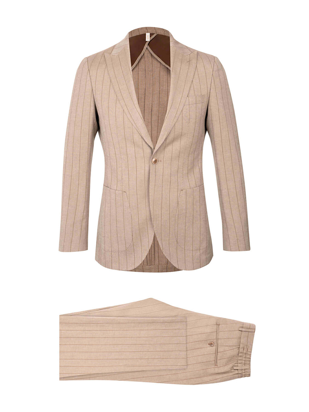 Kahverengi Slim Fit Çizgili Sivri Yaka Keten Casual Takım Elbise