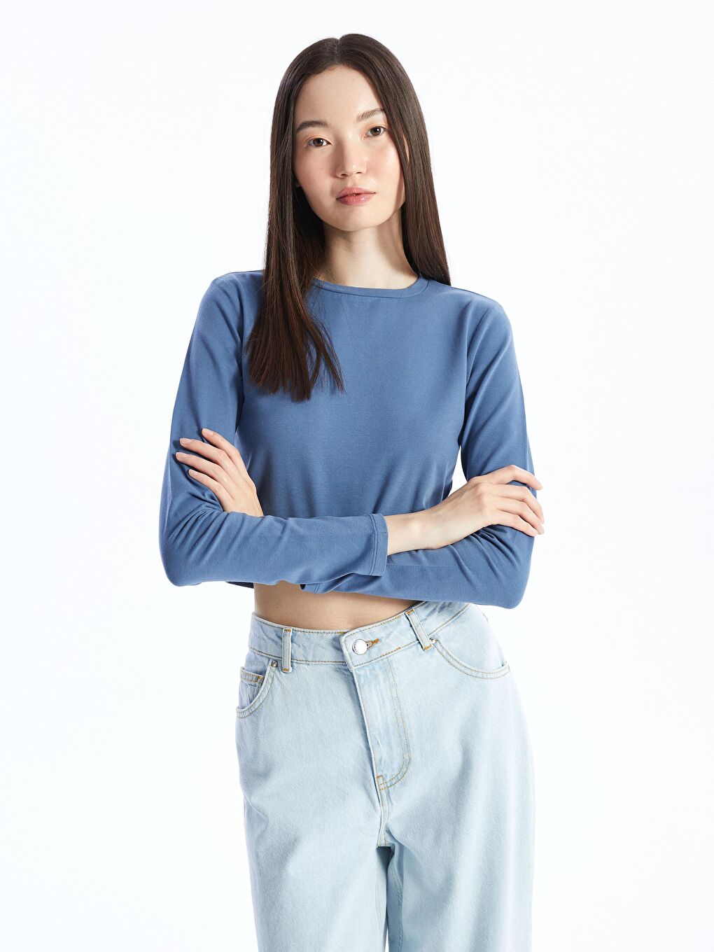 İndigo Crop Uzun Kol Kadın Basic Sweatshırt