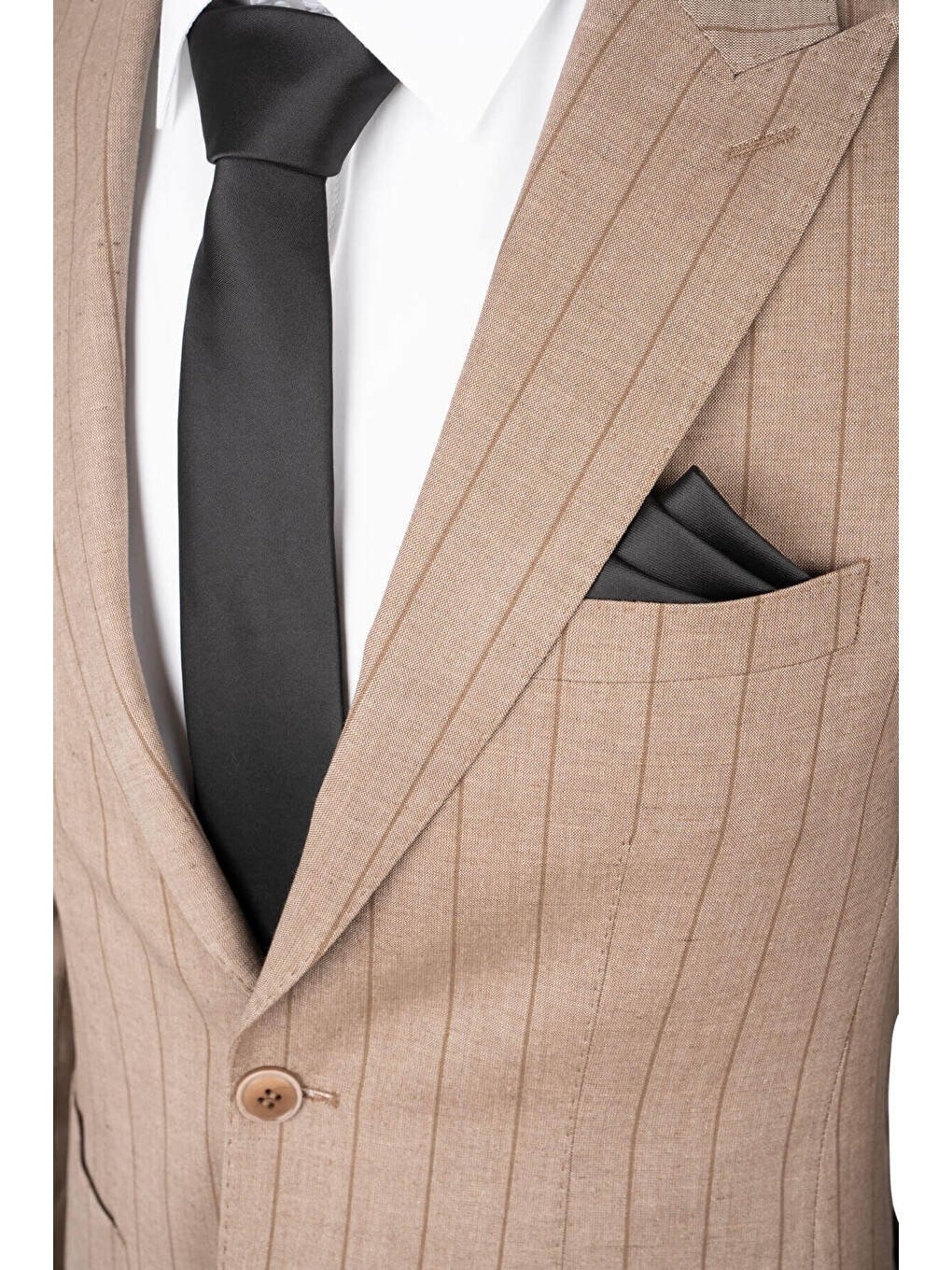 Kahverengi Slim Fit Çizgili Sivri Yaka Keten Casual Takım Elbise-1
