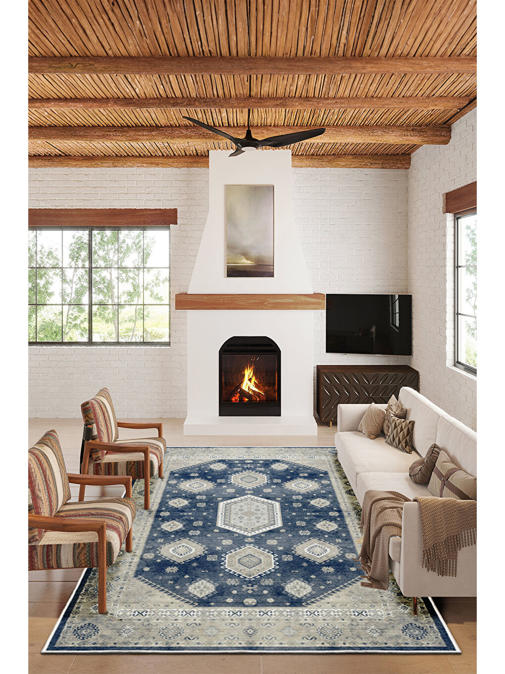 Lacivert Dekoratif Özel Tasarım Yıkanabilir İnce Kaymaz Tabanlı Modern Halı KECE FR24-2