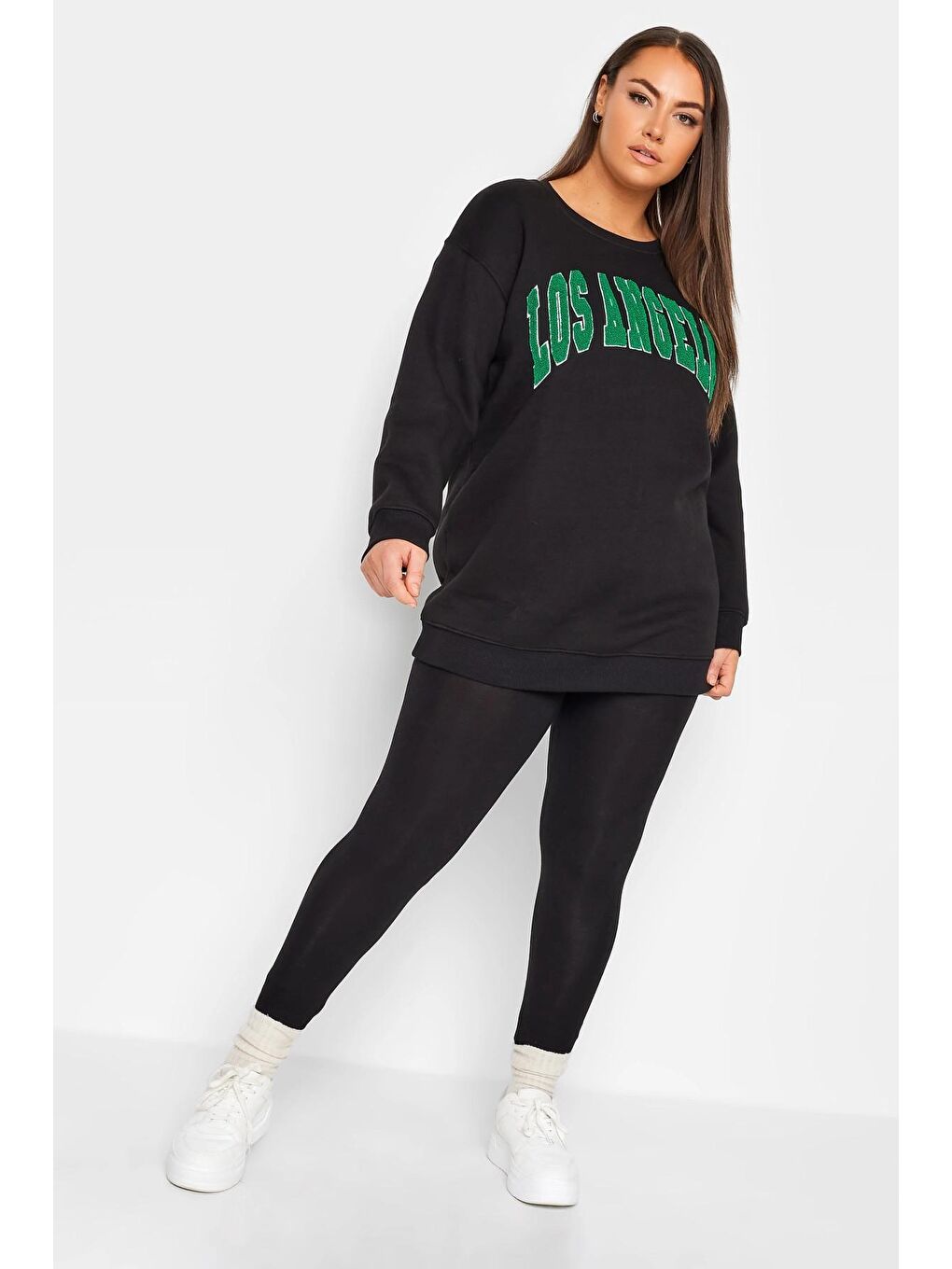 Siyah Büyük Beden Bisiklet Yaka Uzun Kollu Baskılı Sweatshirt 302685-1