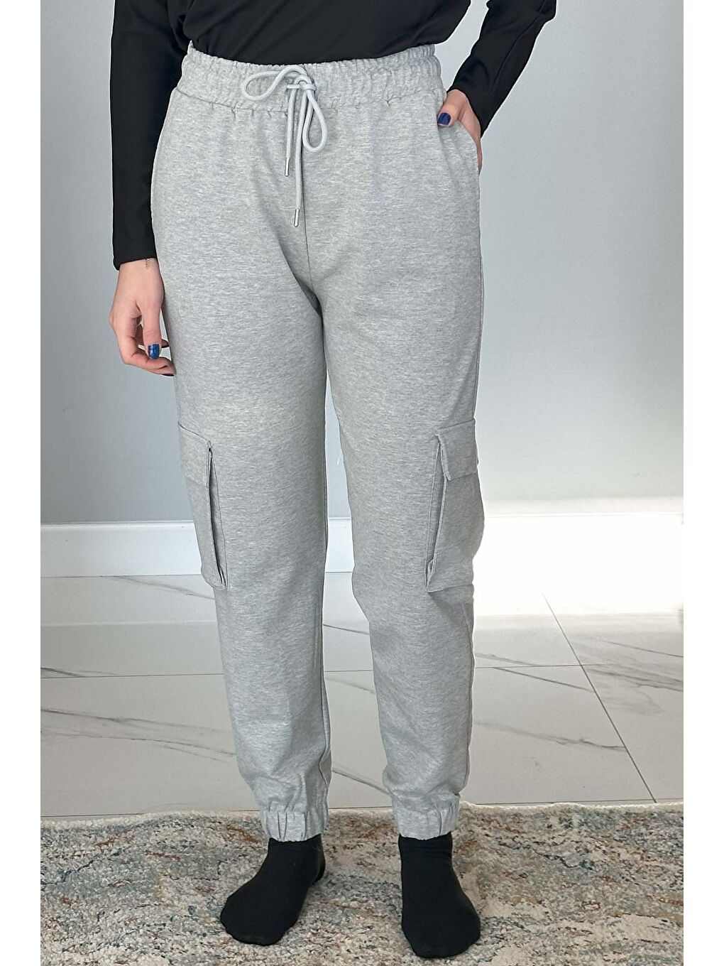 Kadın Bel ve Paça Lastikli Kargo Cepli Eşofman Altı 7057 Gri-2