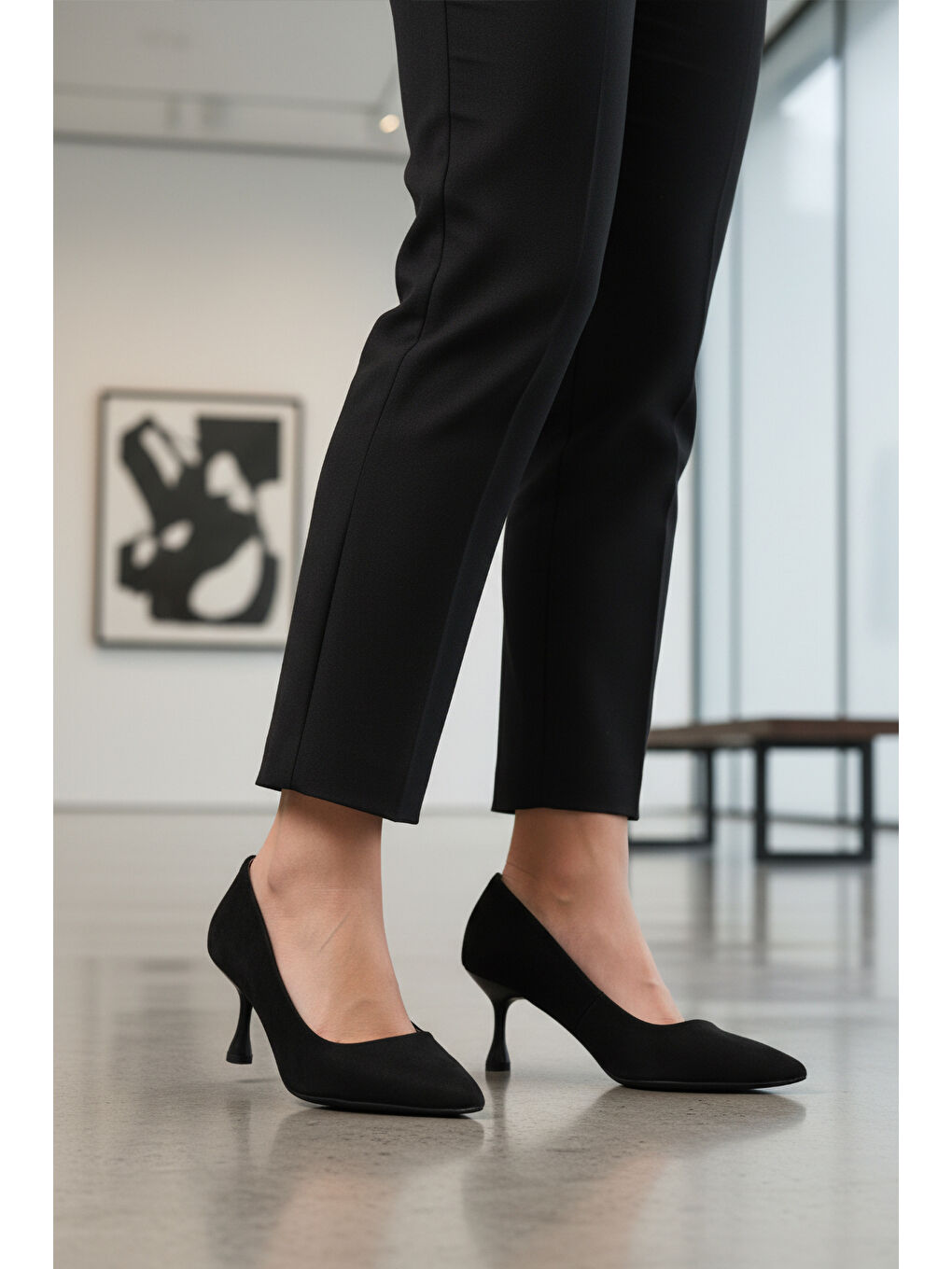 Siyah Süet Kadın İnce Kısa Topuklu Abiye Ayakkabı 695033 Z-2